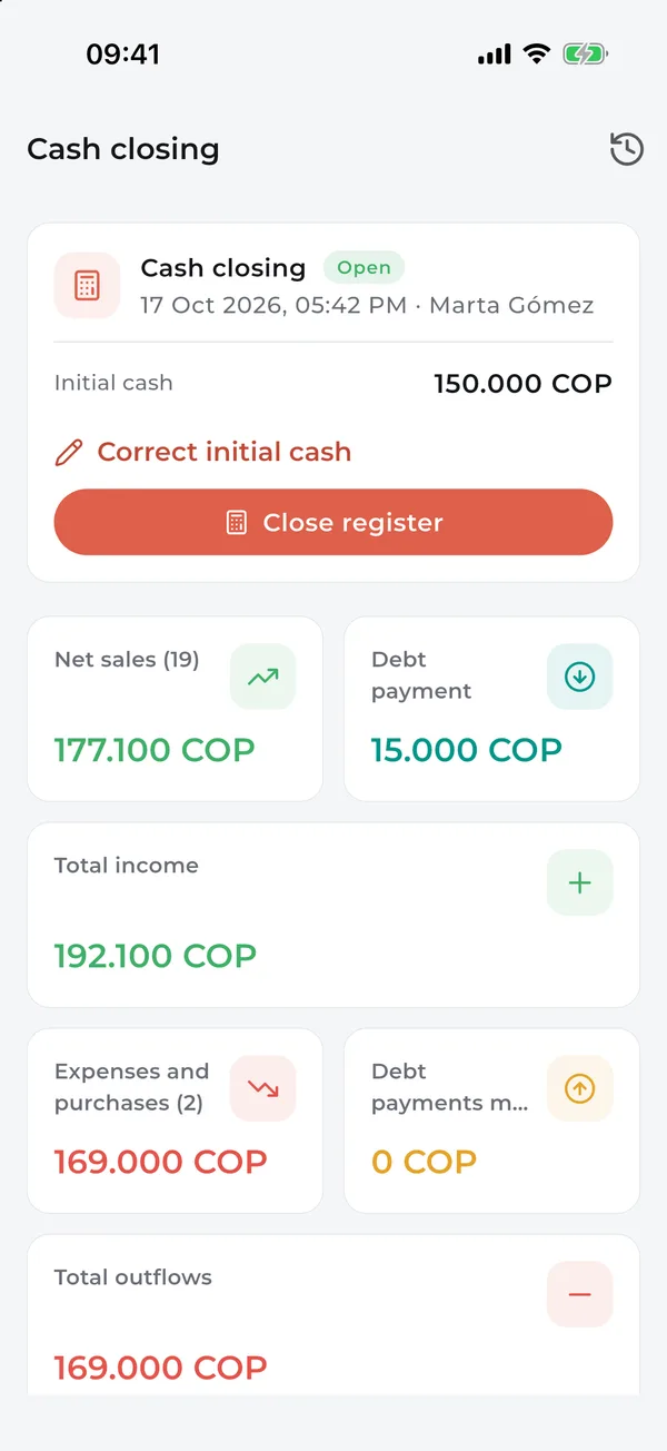 Cash closing with opening cash, sales, payments and expenses