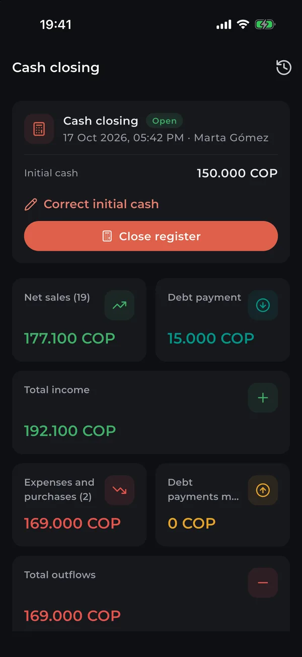 Cash closing with opening cash, sales, payments and expenses