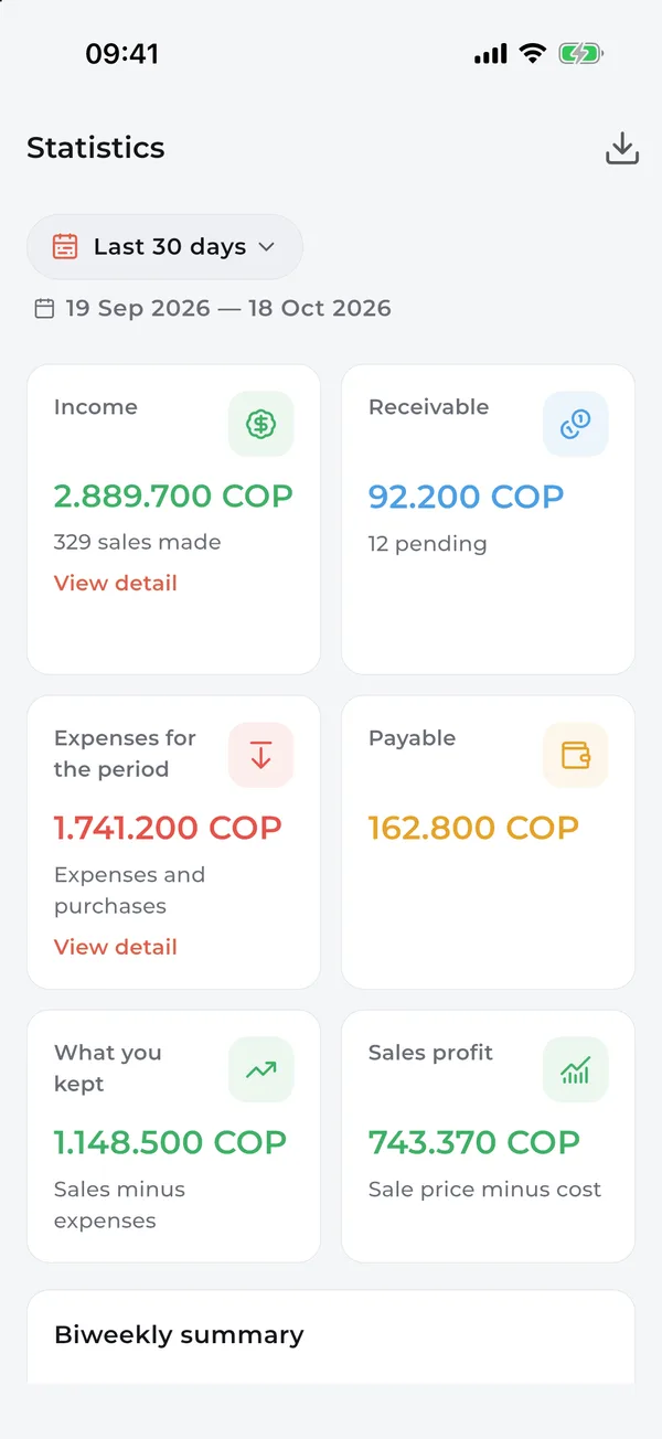 Statistics for the last 30 days: income, expenses and what you kept