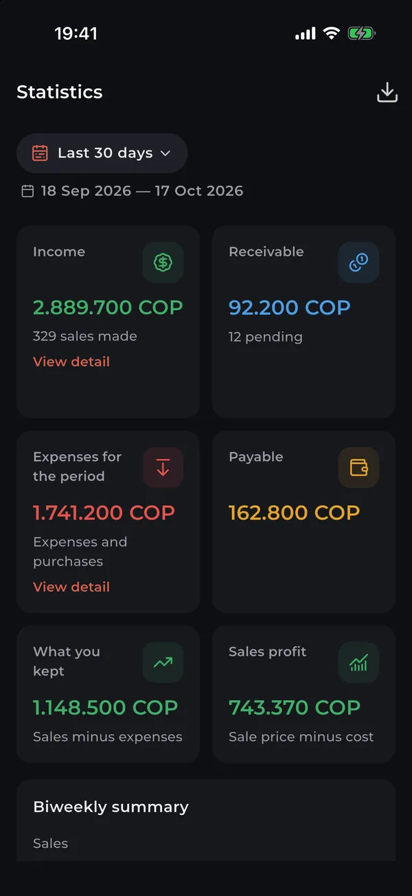 Statistics for the last 30 days: income, expenses and what you kept