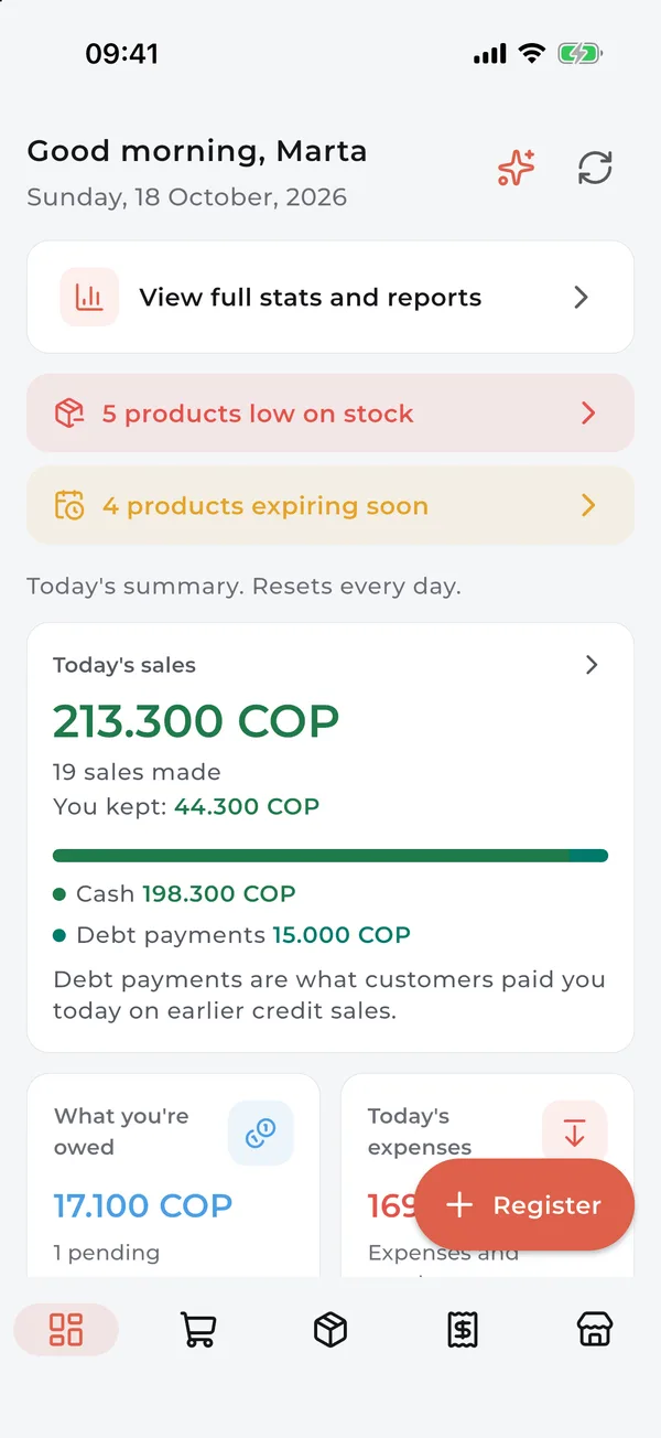App home: today's sales, what you're owed and today's expenses
