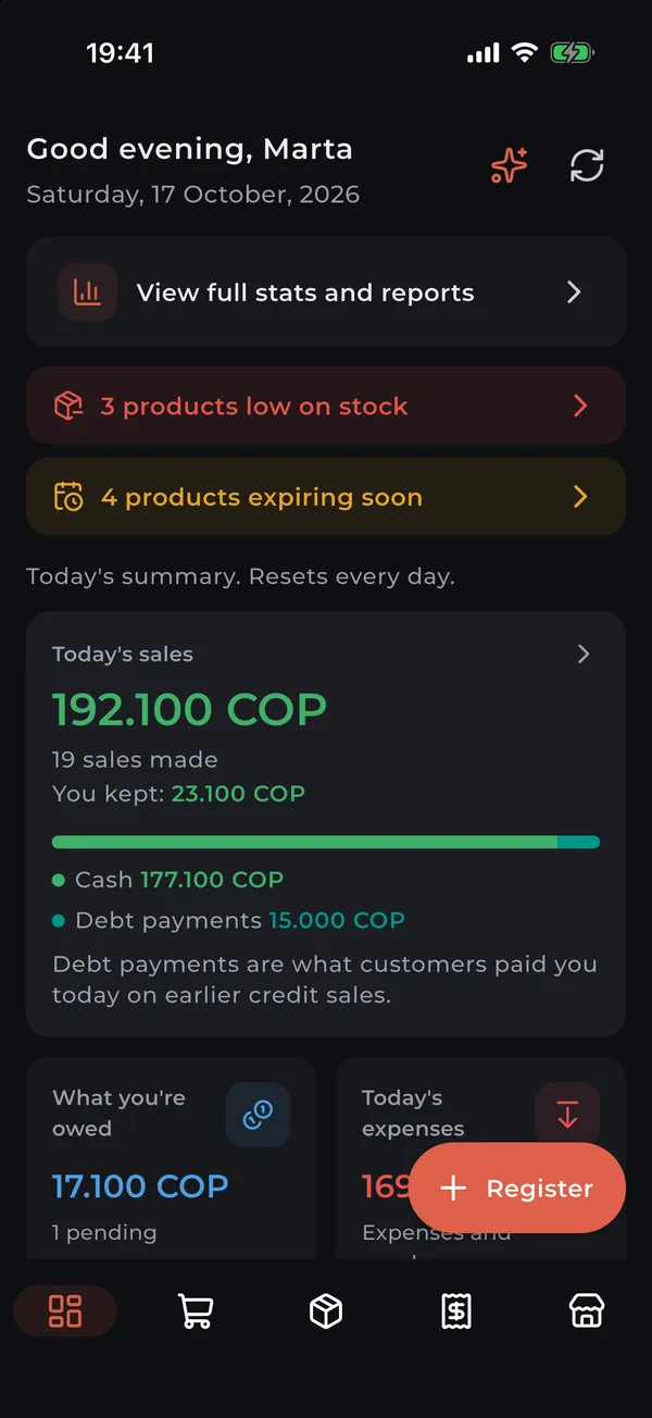 App home: today's sales, what you're owed and today's expenses