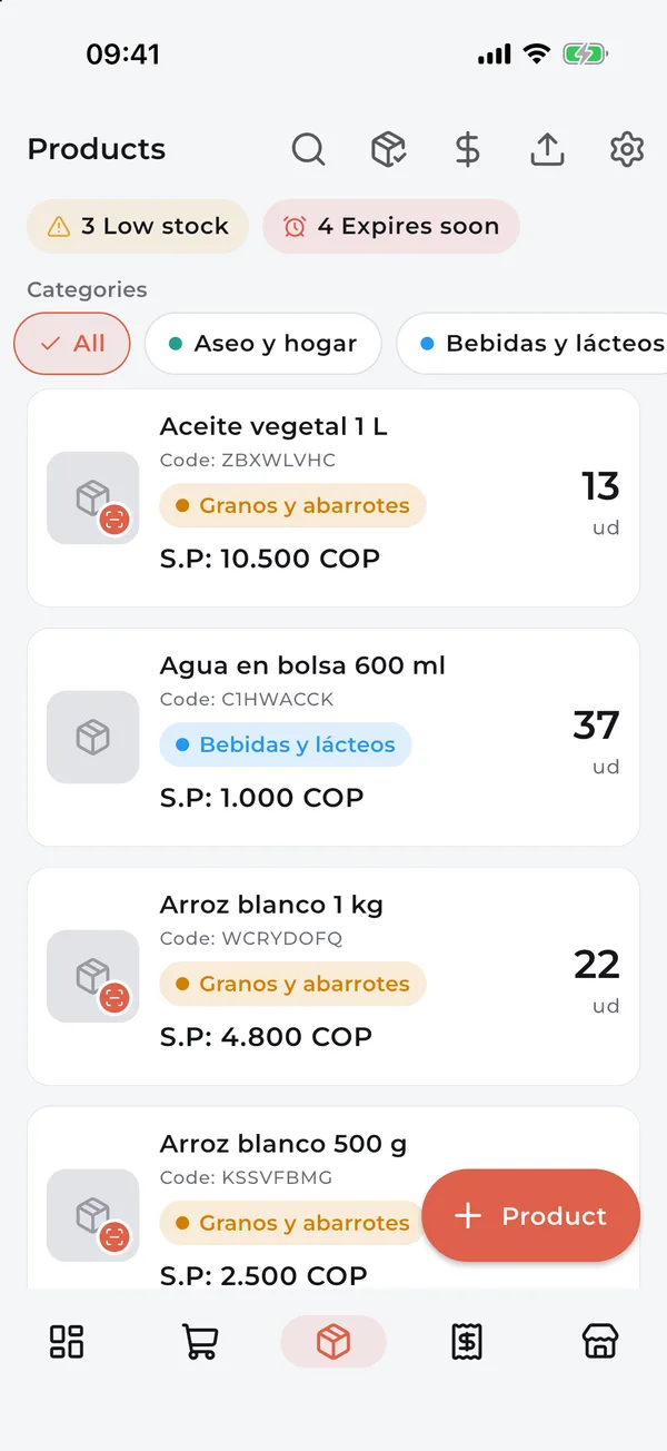 Inventory with stock, code and sale price