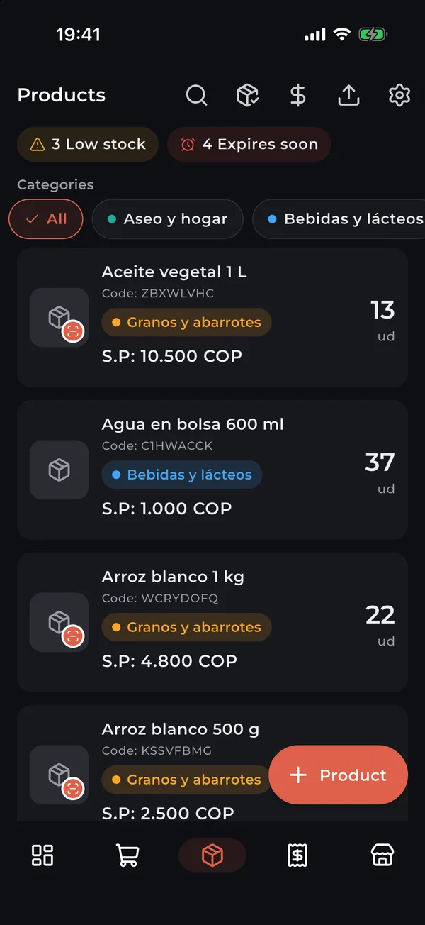 Inventory with stock, code and sale price