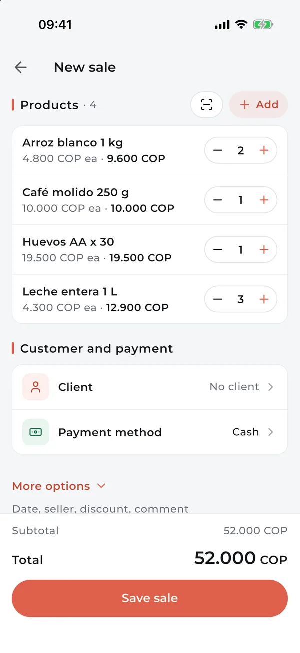 New sale with four products and the total to charge