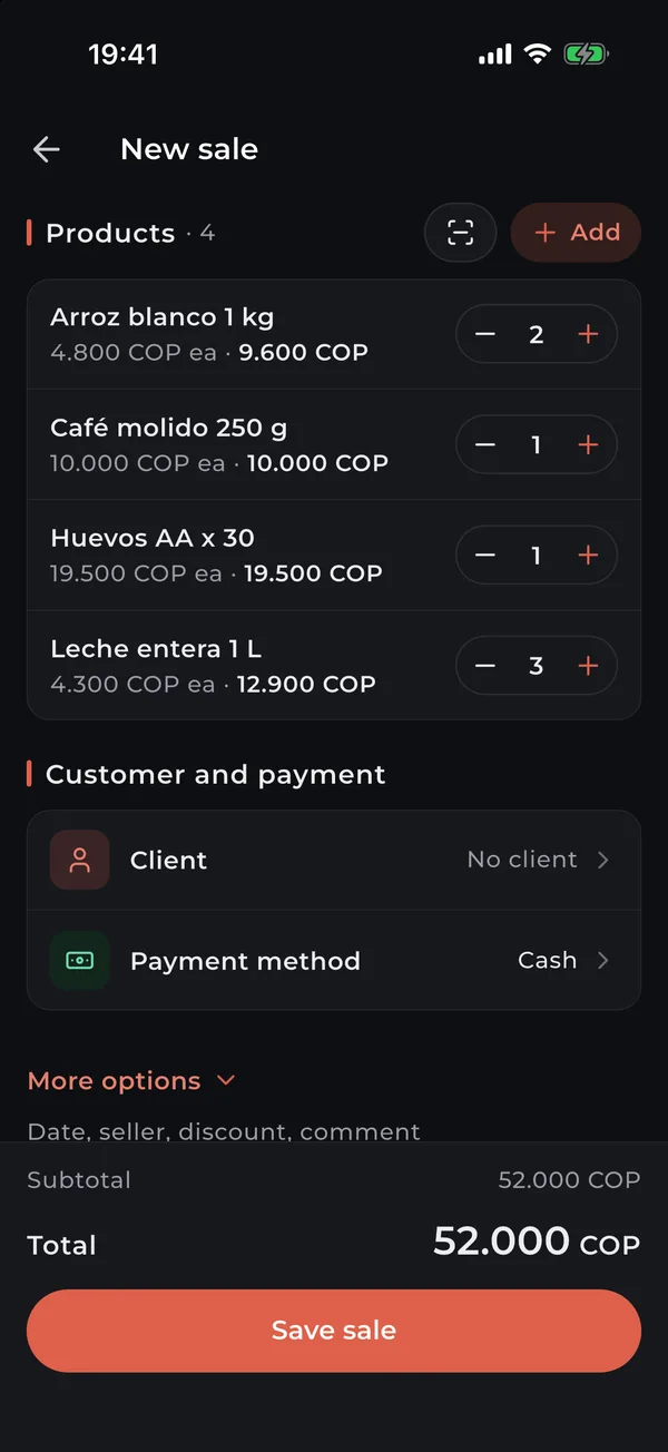 New sale with four products and the total to charge