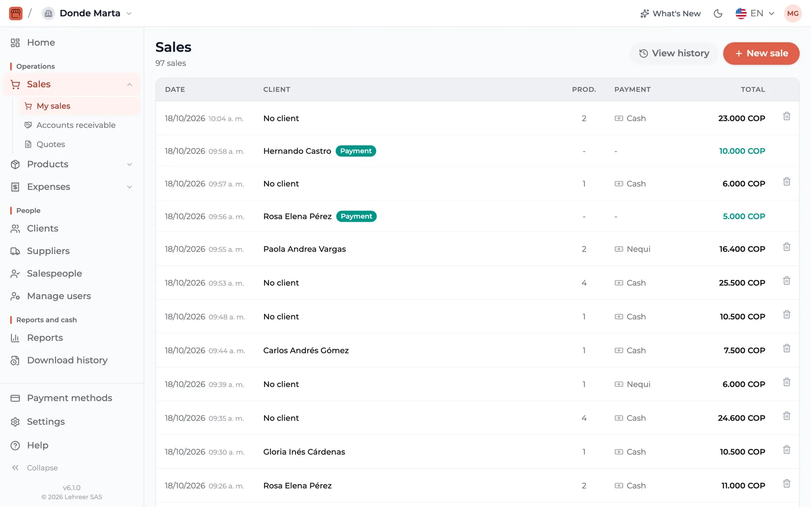 The web app on a computer: sales list with client, payment method and total