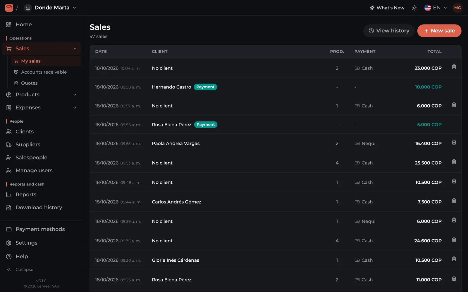 The web app on a computer: sales list with client, payment method and total