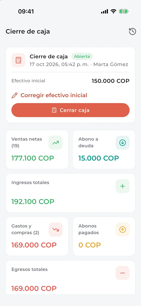 Cierre de caja con efectivo inicial, ventas, abonos y egresos