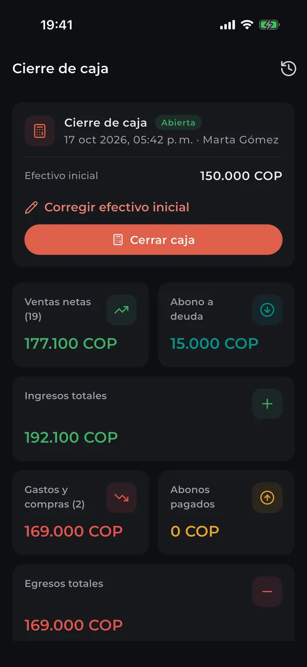 Cierre de caja con efectivo inicial, ventas, abonos y egresos