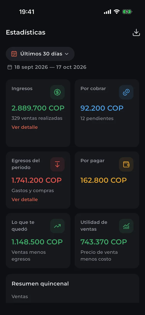Estadísticas de los últimos 30 días: ingresos, egresos y lo que te quedó