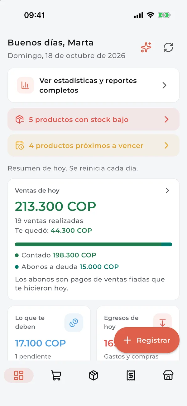 Inicio de la app: ventas de hoy, lo que te deben y egresos del día