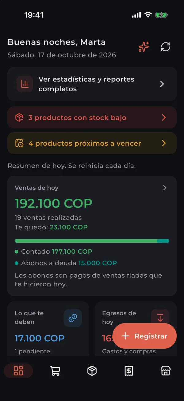 Inicio de la app: ventas de hoy, lo que te deben y egresos del día