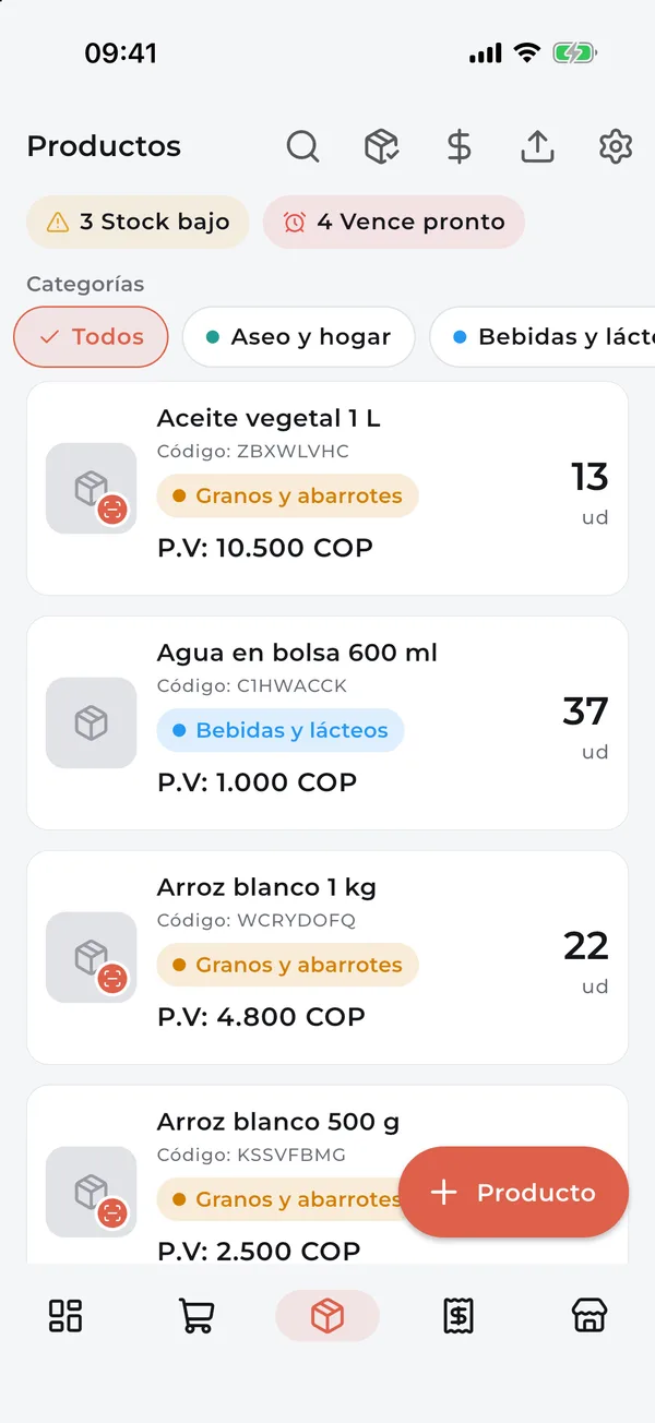 Inventario con existencias, código y precio de venta
