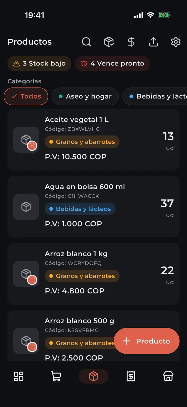 Inventario con existencias, código y precio de venta