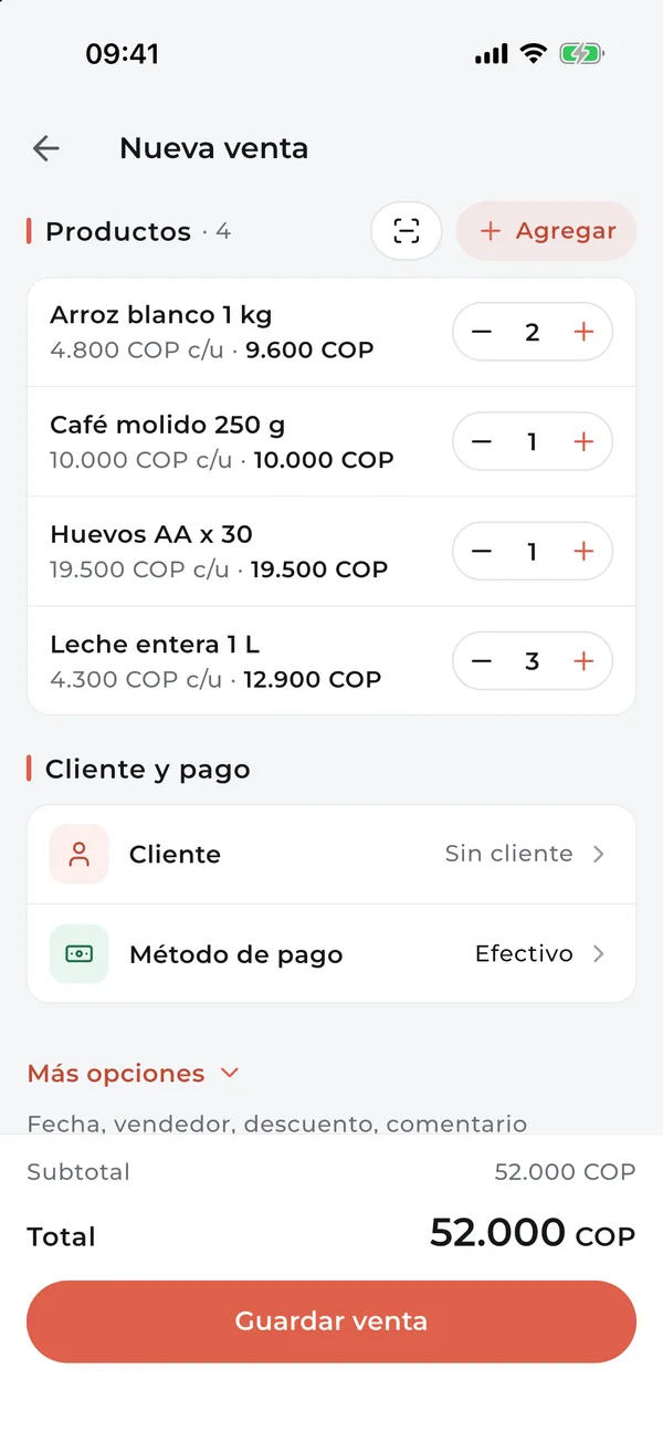 Nueva venta con cuatro productos y el total a cobrar