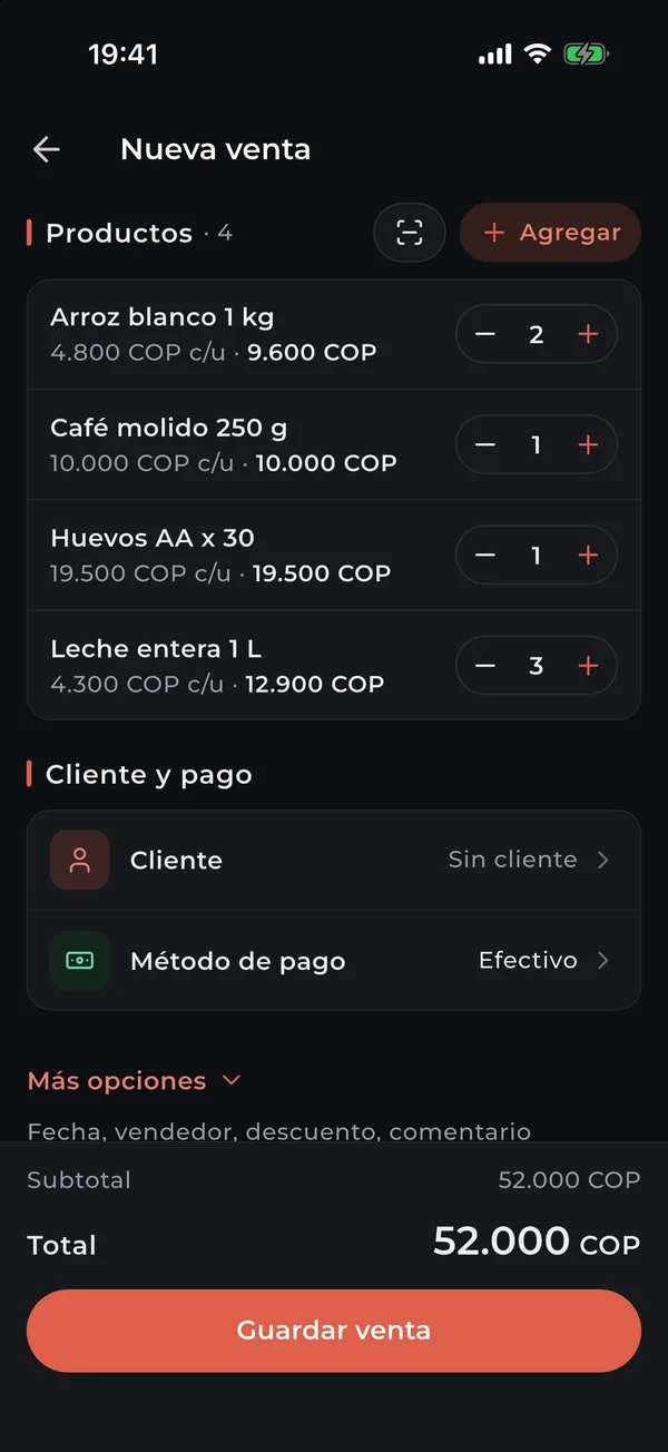 Nueva venta con cuatro productos y el total a cobrar