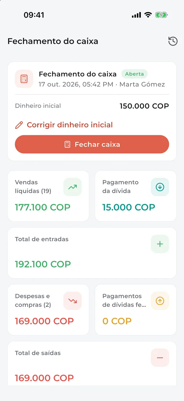 Fechamento de caixa com dinheiro inicial, vendas, pagamentos e saídas
