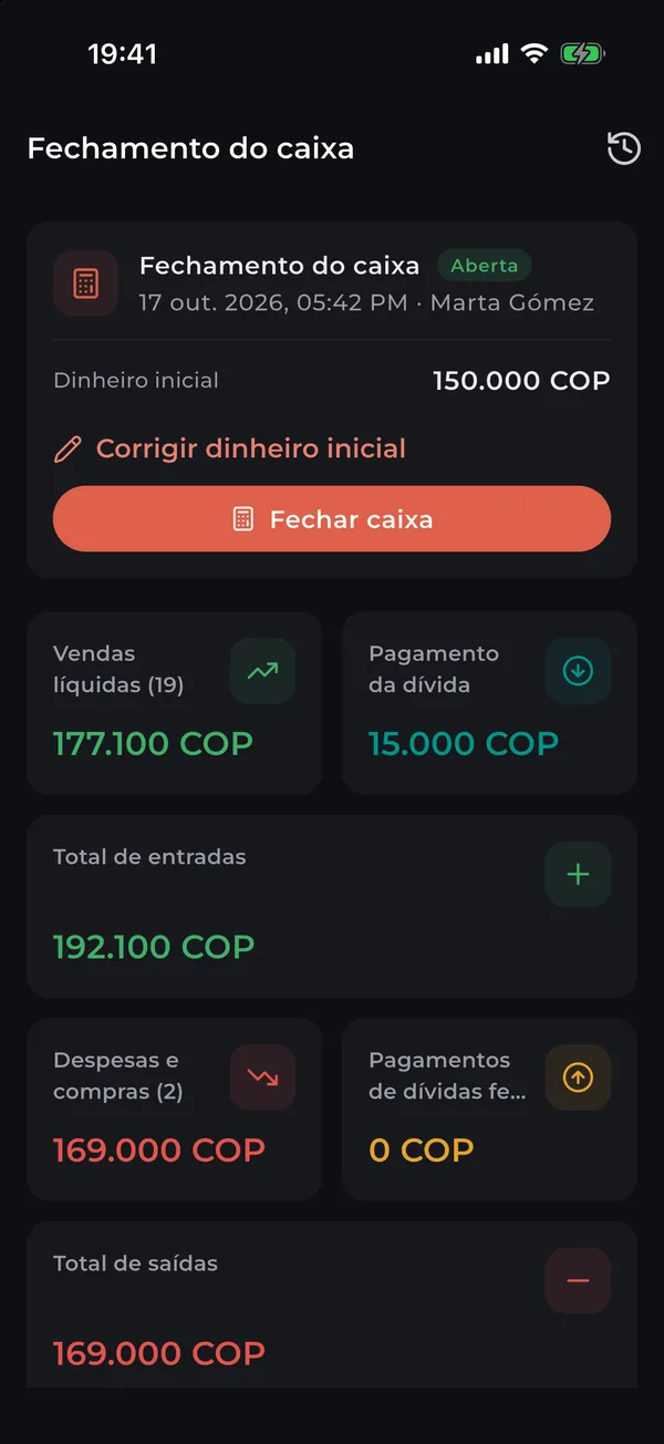 Fechamento de caixa com dinheiro inicial, vendas, pagamentos e saídas