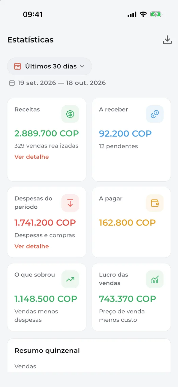 Estatísticas dos últimos 30 dias: entradas, saídas e o que sobrou