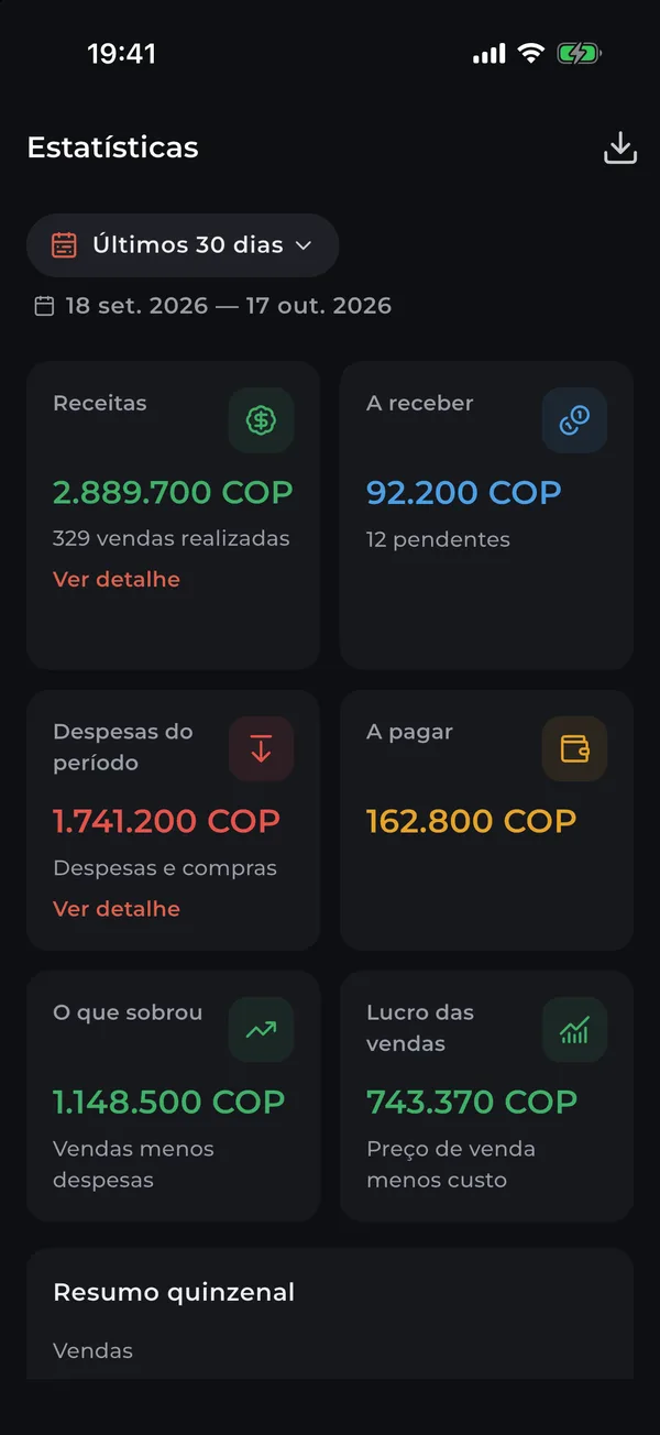Estatísticas dos últimos 30 dias: entradas, saídas e o que sobrou