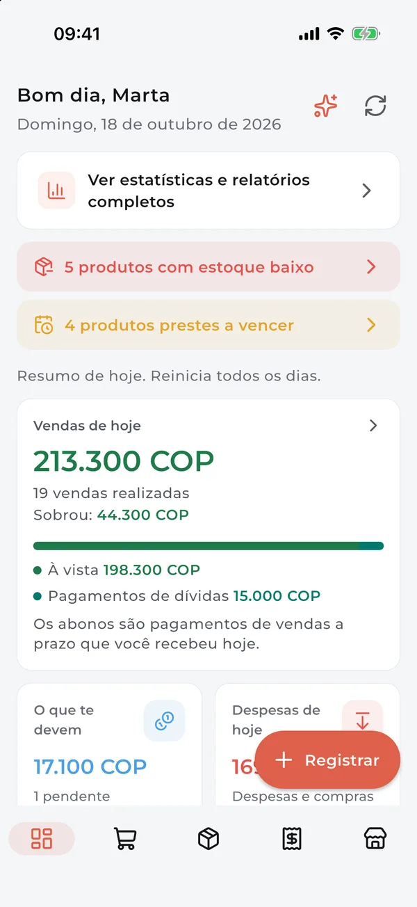 Início do app: vendas de hoje, o que te devem e despesas do dia