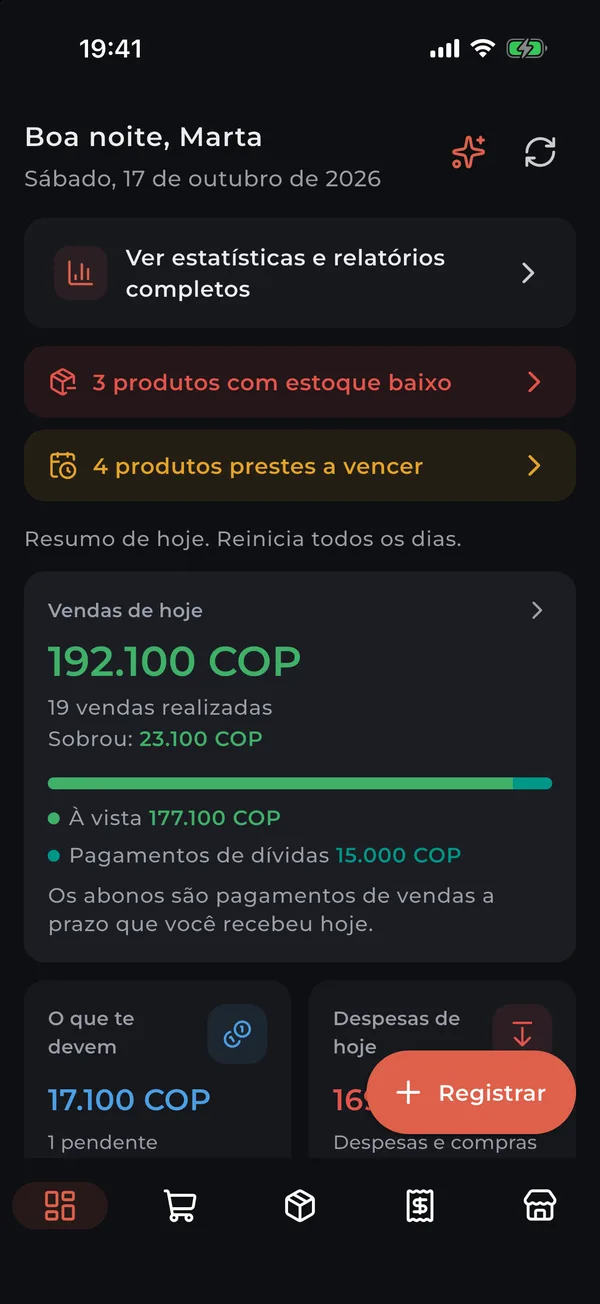 Início do app: vendas de hoje, o que te devem e despesas do dia
