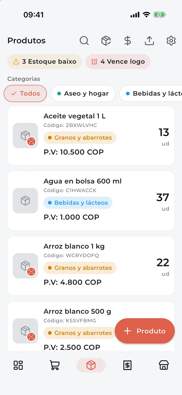 Estoque com quantidade, código e preço de venda