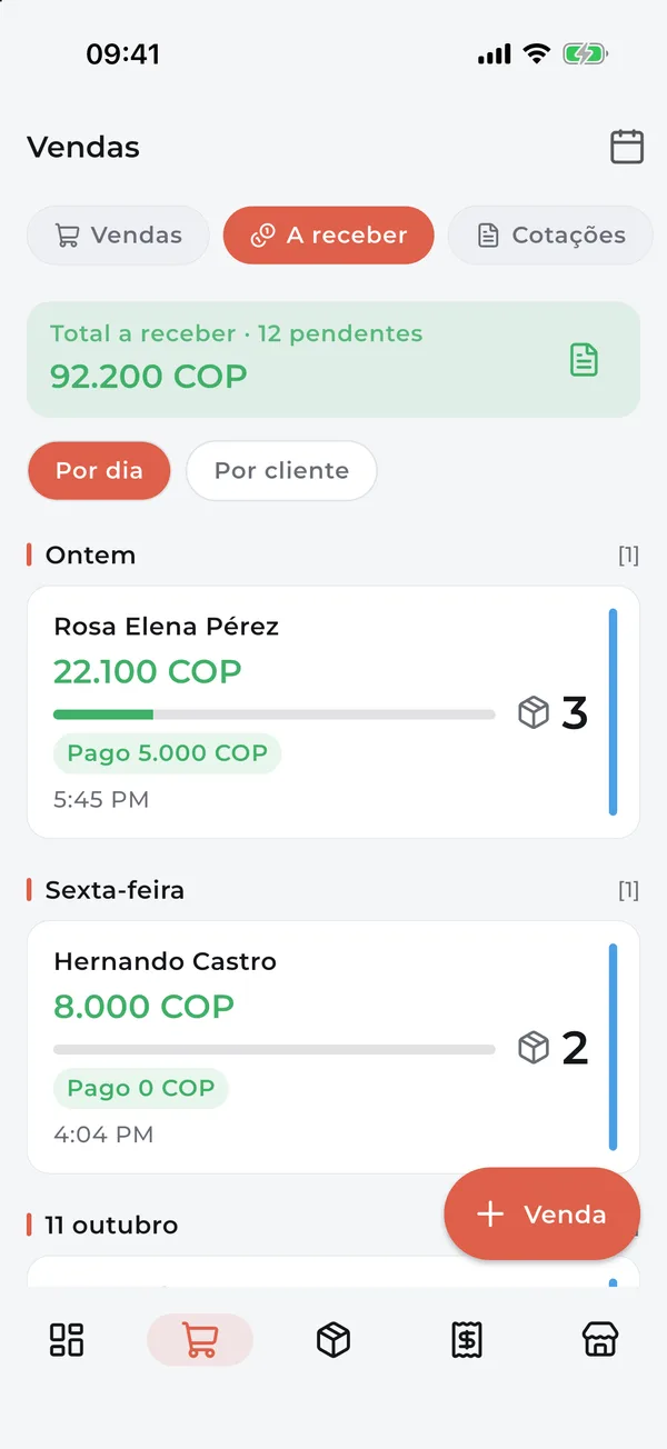 A receber: fiado por cliente com o que já foi pago
