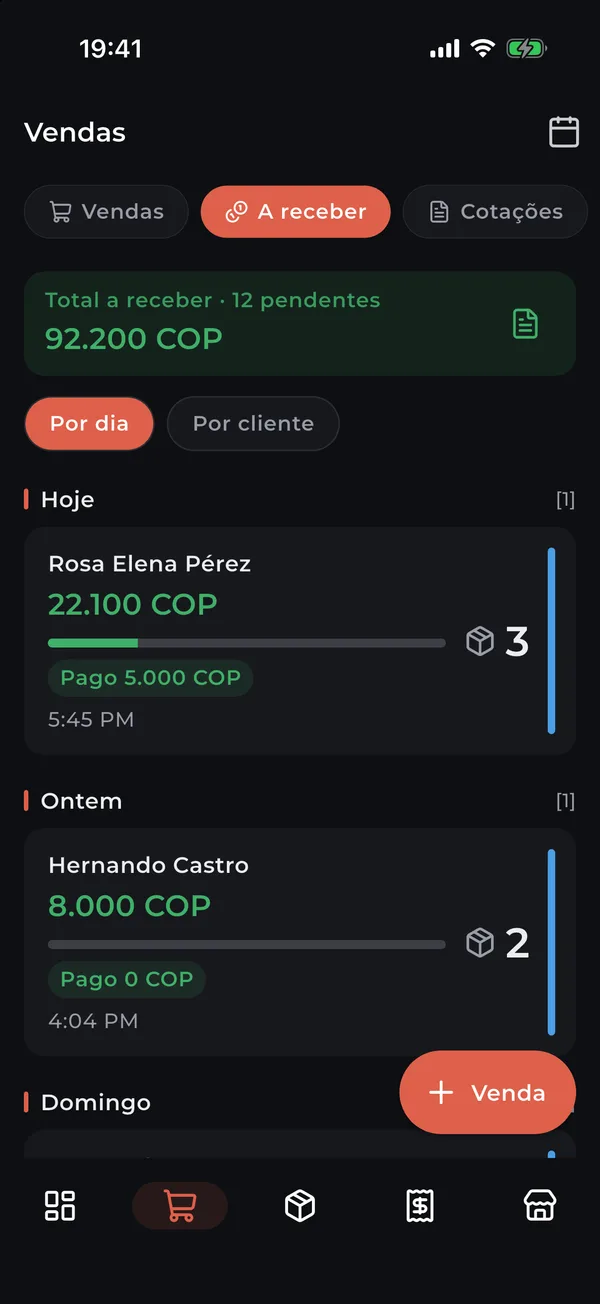 A receber: fiado por cliente com o que já foi pago