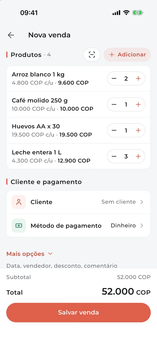 Nova venda com quatro produtos e o total a cobrar