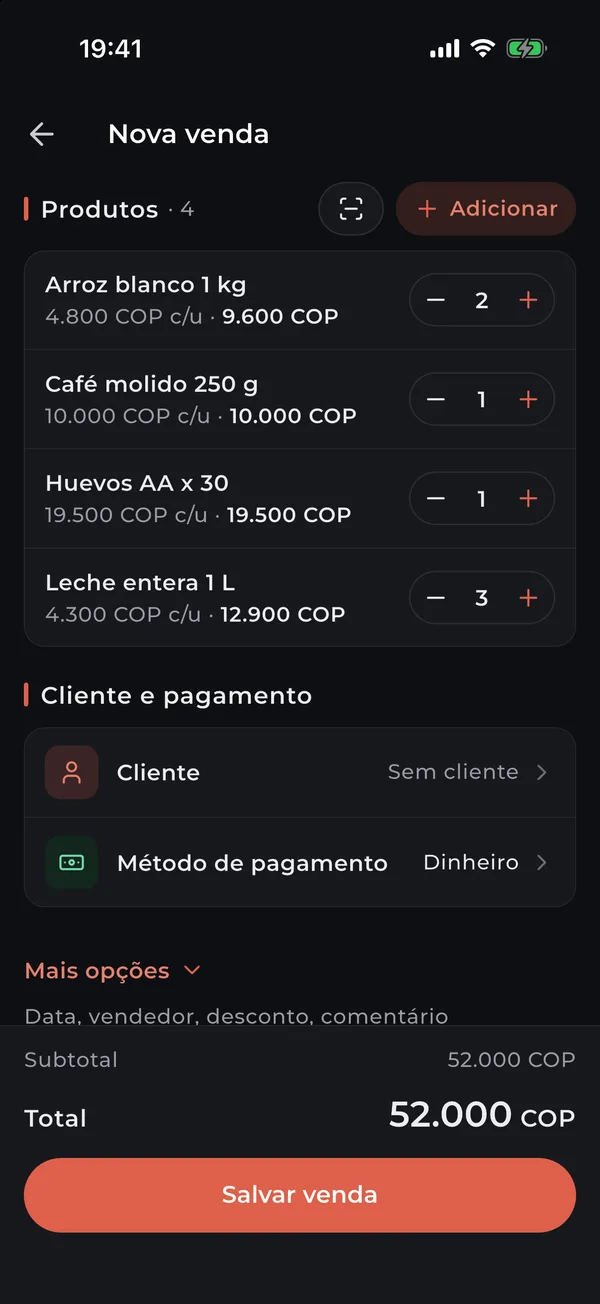 Nova venda com quatro produtos e o total a cobrar