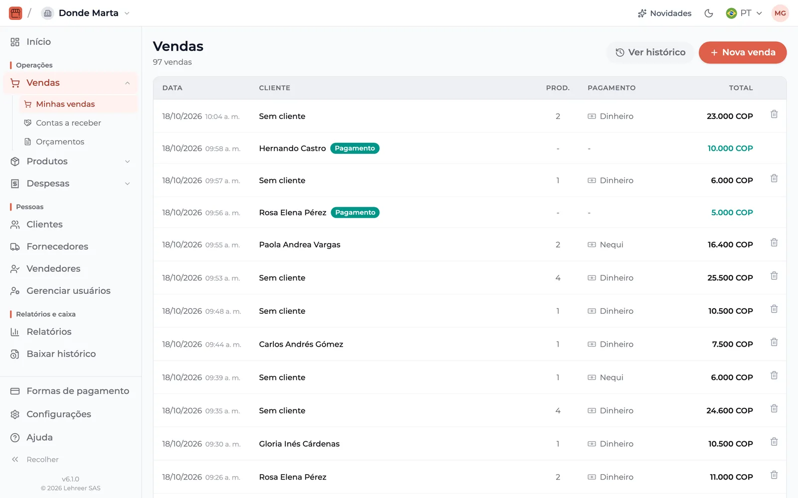 A versão web no computador: lista de vendas com cliente, forma de pagamento e total