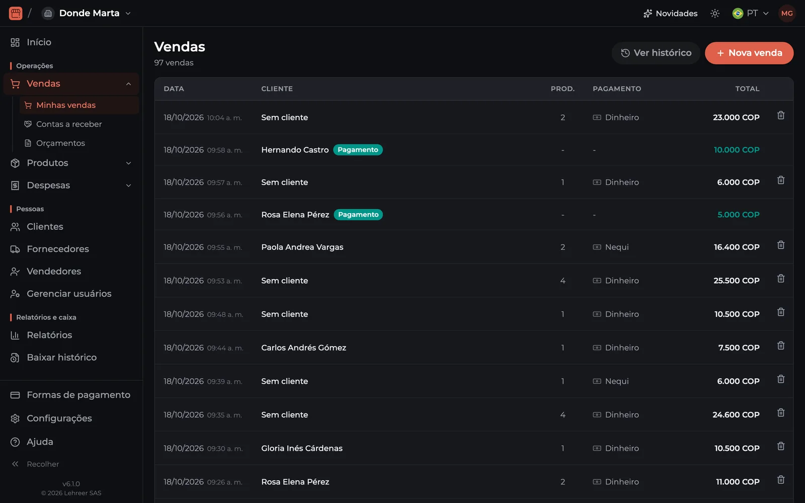 A versão web no computador: lista de vendas com cliente, forma de pagamento e total